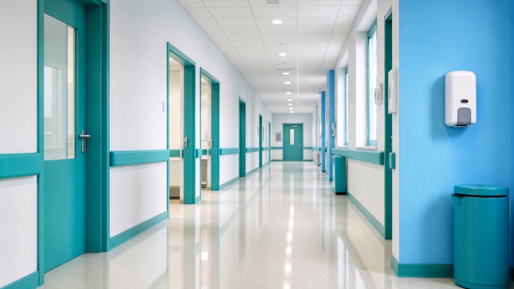 Bright clinic corridor with a freshly cleaned glossy floor