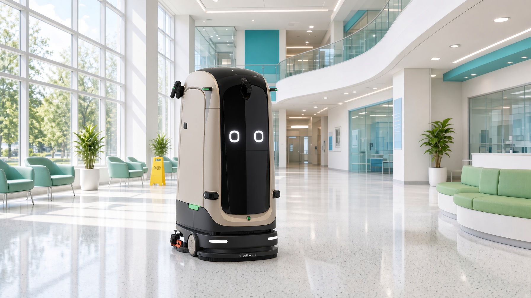 Narrow Kas-class hallway floor robot in a bright hospital atrium with teal seating