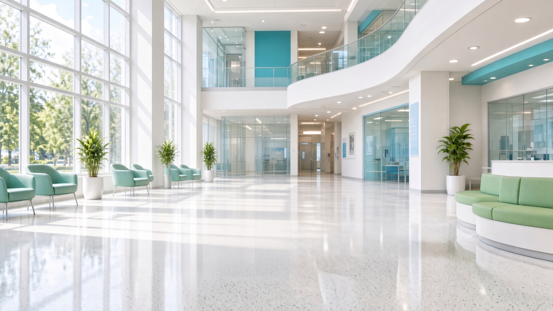 Bright hotel atrium with teal seating and a glossy floor