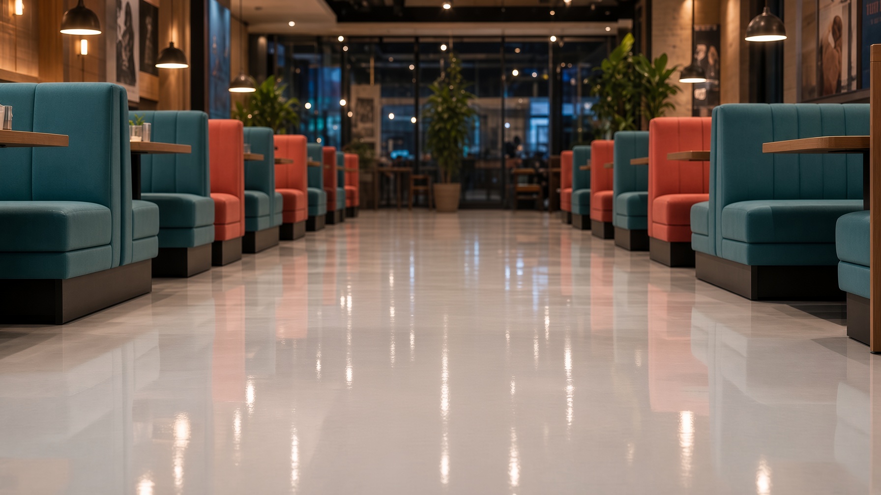Restaurant dining room after close, teal and coral booths, glossy floor