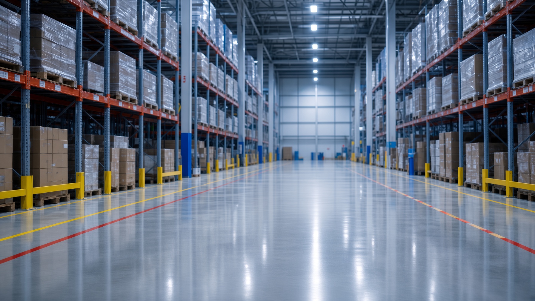 Warehouse aisle with polished concrete and pallet racks